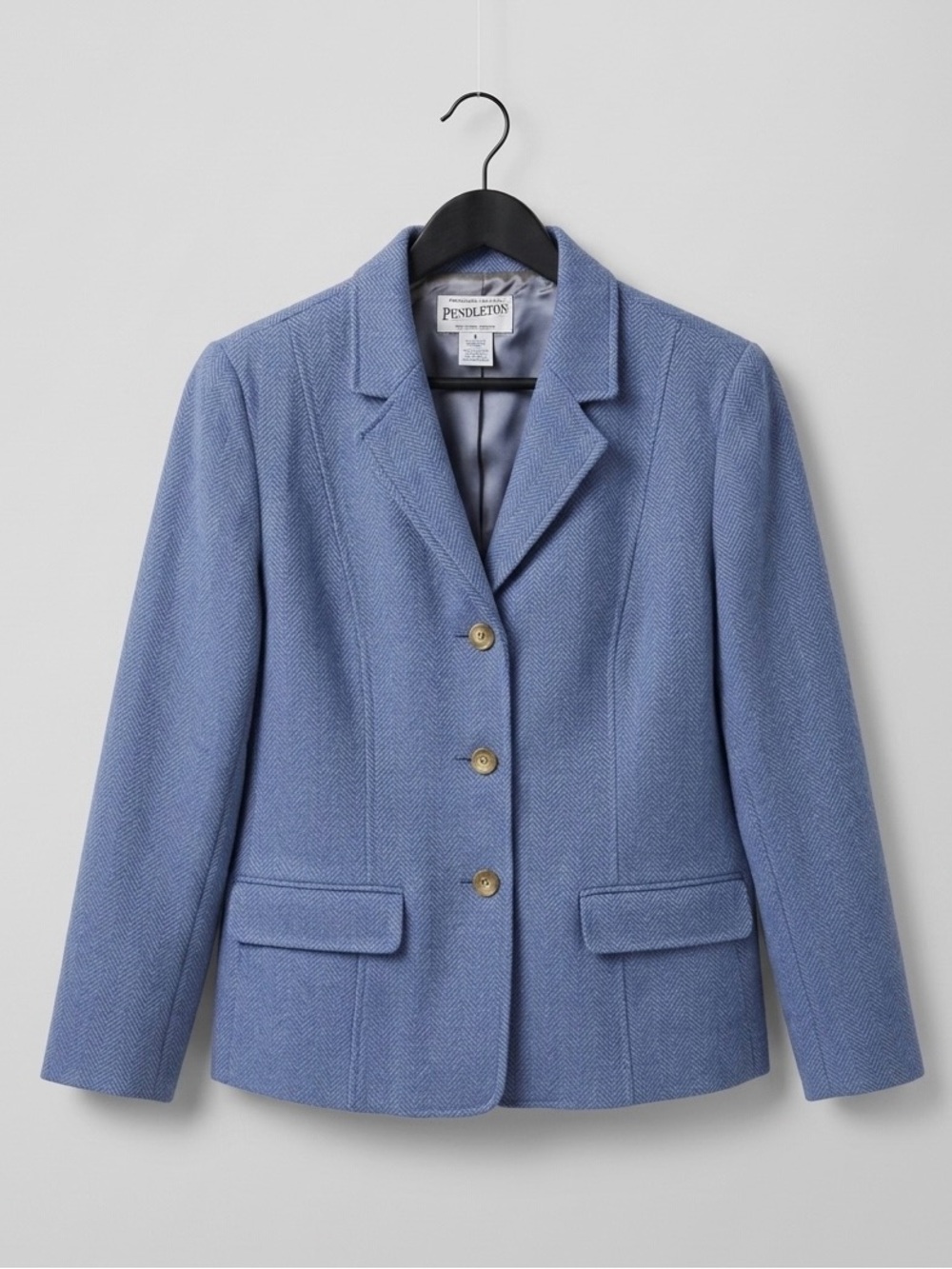Pendleton Light Blue Herringbone 100% Wool Blazer Jacket - capsule wardrobe